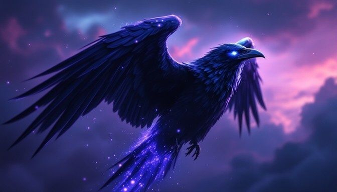 Mystischer schwarzer Rabe mit ausgebreiteten Flügeln im violetten Abendhimmel