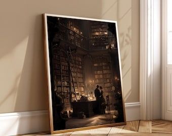 Gerahmtes, düsteres Bibliotheksbild mit zwei Gestalten im Kerzenschein